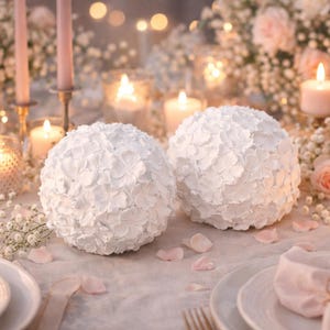 May include: A romantic table setting with candles, flowers, and two white decorative spheres. The scene includes lit candles, wine glasses, and plates, creating a soft, warm ambiance. The color palette is soft pinks and whites.
