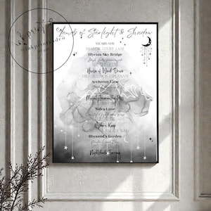 May include: A framed black and white print featuring the text "Hands of Starlight & Shadow" and a list of locations. The design includes a watercolor effect and celestial elements like stars and a crescent moon.
