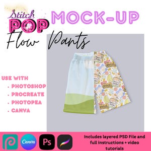 May include: A digital mock-up template for flow pants featuring text that reads Stitch POP MOCK-UP Flow Pants. The pants display a split design with a light blue and green landscape on one side and a repeating pattern of juice boxes and snacks.