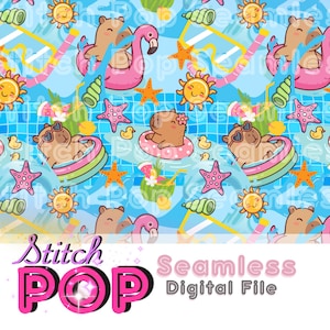 Könnte beinhalten: Nahtlose digitale Datei mit einem sich wiederholenden Muster von Cartoon-Wasserschweinen in einem Schwimmbad. Das Design umfasst Wasserschweine auf Schwimmreifen, Seesterne, lächelnde Sonnen und andere sommerliche Elemente.