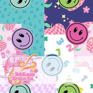 Pode incluir: Uma colagem digital colorida com uma máquina de costura rosa com o texto "Addison Grace Co." e um arco-íris. A colagem também inclui uma variedade de rostos sorridentes, números e padrões xadrez.