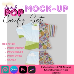 May include: A digital mock-up of a short-sleeve shirt and shorts set featuring two distinct patterns: a light blue sky with green hills and white clouds on the left, and a colorful fruit print with pineapples, cherries, and grapes on the right.