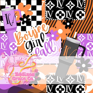 Può includere: Un collage digitale con una macchina da cucire rosa con il testo "Addison Grace Co." e la frase "boujee girl fall" in testo viola e arancione. Lo sfondo include un motivo a scacchi bianco e nero, un motivo a scacchi viola e bianco e un motivo bianco e nero con la lettera "V" e un fiore.