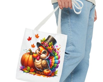 Autumn Turkey Pumpkin Tote Bag, Thanksgiving Harvest Theme