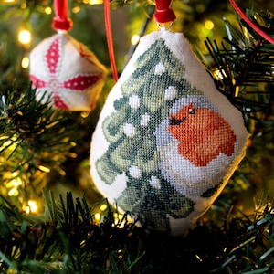 Può includere: Primo piano di decorazioni natalizie. Un ornamento presenta un disegno a punto croce di un albero di Natale verde e un uccello rosso. L'altro ha uno sfondo bianco con un motivo a pois rossi. Entrambi sono appesi a un albero di Natale.