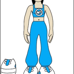 May include: Cartoon illustration of a person in a blue sports bra and trousers, with white shoes. The sports bra has the letters "MC" on it. Additional shoe designs are shown below the person.
