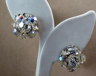 Vintage Aurora Borealis Crystal Bead Clip On Earrings