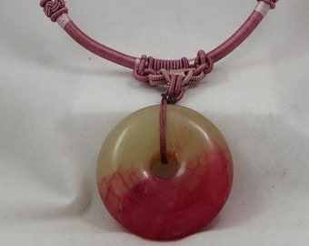 Vintage Chinese Hand Wrapped Silk Necklace with Pink and White Jade Donut Pendant