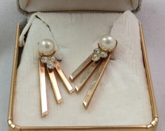 Vintage Clip On Gold Plated Earrings with Rhinestones and Faux Pearls