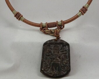 Vintage Chinese Hand Wrapped Silk Necklace with Agate Confucius Pendant