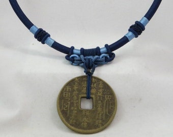 Vintage Chinese Hand Wrapped Silk Necklace with Brass Coin Pendant