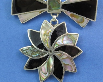 Taxco Vintage Abalone Onyx Bow Pin with Flower Design Stamped 925 Sterling Silver