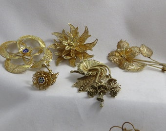 Filigree Lot of Earrings and Pins/Brooches Gold Tone Vintage