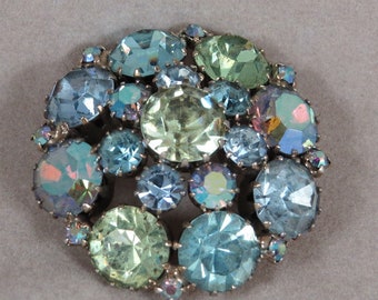 Brooch/Pin Aurora Borealis Blue and Green Rhinestone Weiss Free Shipping