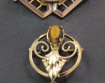 Gold Tone and Silver Pins with Rhinestones and Tigers Eye