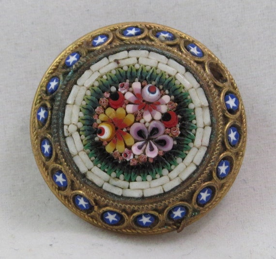 Antique Flower Micro Mosaic Circular Pin Incomple… - image 1