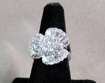 Vintage Silver Plated Ring Flower Shape with Cubic Zirconia Size 8