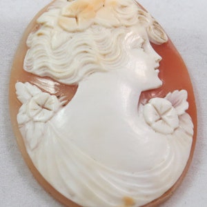 Puede incluir: Un camafeo tallado en concha, con el perfil de una mujer y un diseño floral. El camafeo tiene forma ovalada y un fondo rosa.