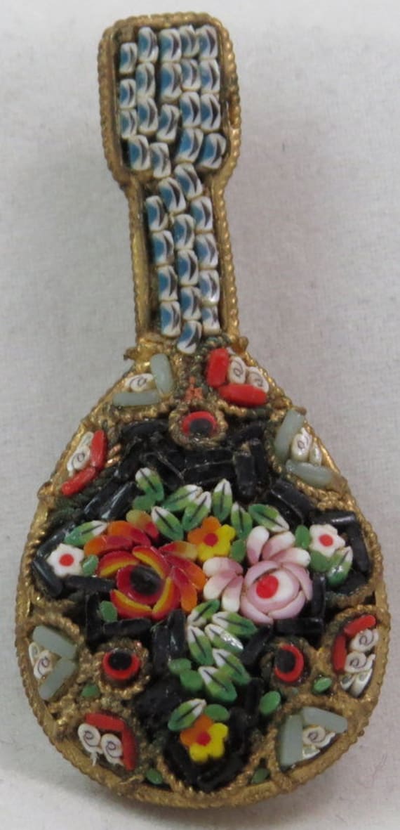 Antique Italian Flower Micro Mosaic Guitar Shaped 