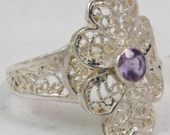 Filigree Ring with Faceted Round Amethyst Size 8 Sterling Silver