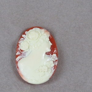 Puede incluir: Un camafeo blanco con una talla detallada de un perfil de mujer con flores en el pelo. El camafeo está engastado en una base ovalada roja.