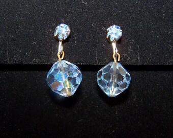 Vintage Blue Faceted Bead Earrings Clip-0n