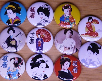 GEISHA THEME pins badges buttons maiko, geiko, karyukai, japanese, japan, kyoto, hanamachi, gion, kimono