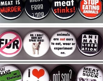 12 Vegan / Vegetarian badges buttons pins pinback Animal Rights peta ANTI Fur veganism