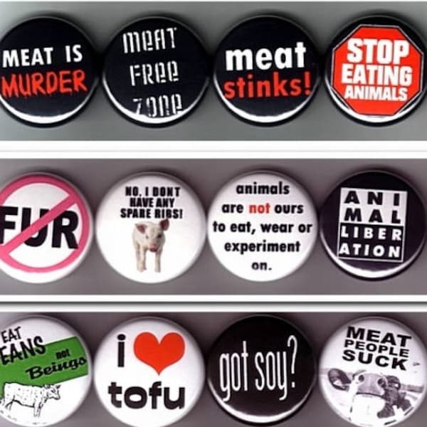 12 Vegan / Vegetarian badges buttons pins pinback Animal Rights peta ANTI Fur veganism