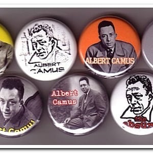 Albert Camus PINS buttons, badges, philosophy, absurdism, Sisyphus, the stranger, the rebel
