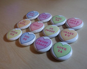 12 VALENTINE'S / CONVERSATION HEART pinbacks pins buttons valentine's day