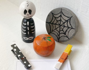 Wooden Halloween Set - skeleton, skull, pumpkin, waldorf, montessori, wood, natural toy, gift