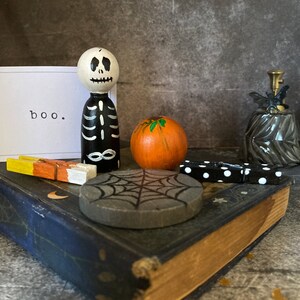 Wooden Halloween Set skeleton, skull, pumpkin, waldorf, montessori, wood, natural toy, gift image 1