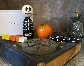 Wooden Halloween Set - skeleton, skull, pumpkin, waldorf, montessori, wood, natural toy, gift