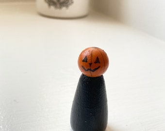 Jack-o-Lantern peg doll, small - halloween, wood, toy, hand-painted, holiday, decor, collect, pumpkin, spooky