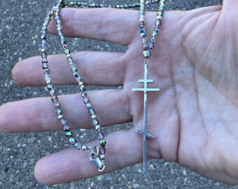 2” Sterling Silver 925 Ladies Modern Orthodox Cross Pendant on Czech Beaded Chain Russian, Greek, Byzantine, Serbian, Eastern