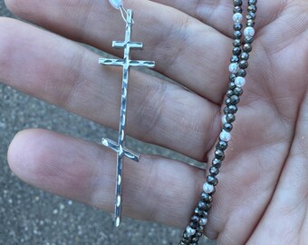 2” Sterling Silver Ladies Modern Orthodox Diamond-Cut Cross on Pyrite Beaded Chain Russian, Greek, Byzantine, Serbian, Eastern