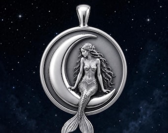 Moonbound Mermaid Pendant 1.25" Solid Sterling Silver (.925)
