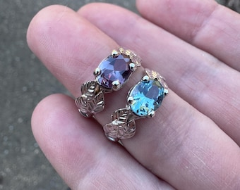 Leaf Ring Genuine Amethyst or Simulated Blue Topaz Sterling Silver .925