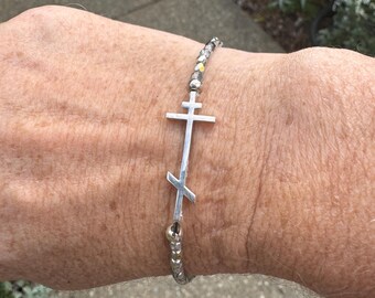 Beaded Modern Ladies Orthodox Cross Stretch Bracelet 7-8" Solid Sterling Silver and Beads (.925)