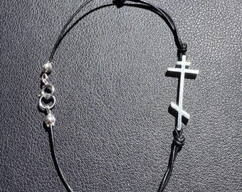 Modern Orthodox Cross Bracelet 8.5" Solid Sterling Silver and Leather (.925)