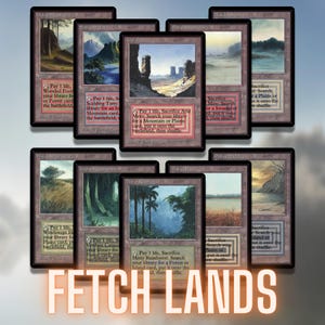 May include: A set of ten Magic: The Gathering cards, known as "Fetch Lands". Each card features a different landscape scene with a brown border and white text. The cards are arranged in two rows of five.