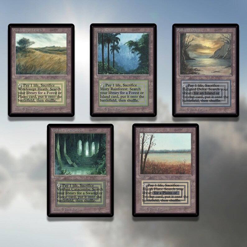 May include: Five Magic: The Gathering cards with a brown background. Each card features a landscape scene with a different color scheme. The cards are titled "Windswept Heath", "Misty Rainforest", "Polluted Delta", "Verdant Catacombs", and "Marsh Flats". Each card has the same text: "Pay 1 life, Sacrifice [Card Name]: Search your library for a [Land Type] card, put it onto the battlefield, then shuffle."