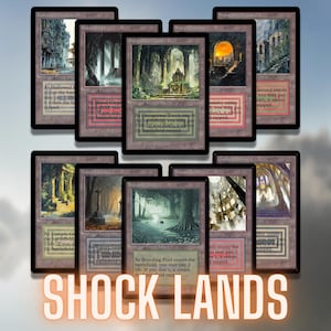 May include: A selection of Magic: The Gathering "Shock Lands" cards. Each card displays distinctive fantasy art and text. The cards are arranged in a stack, with the words "SHOCK LANDS" in a glowing font at the bottom.