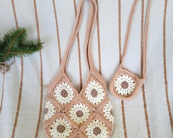 Matching Mama & Mini Crochet Granny Square Totes - Neutral Cotton