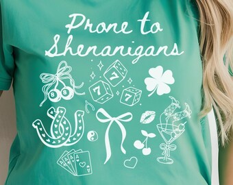 St Patricks Day Shenanigans Shirt, Funny Saint Patricks Drinking Tshirt, St Paddy's Irish Gift for Her,  Lucky Shamrock Clover Drawn Doodles
