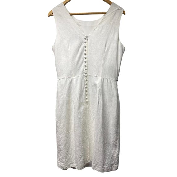 Y2K John Roberts White Linen Blend Sheath Dress 14 Sleeveless Black Embroidery View 3