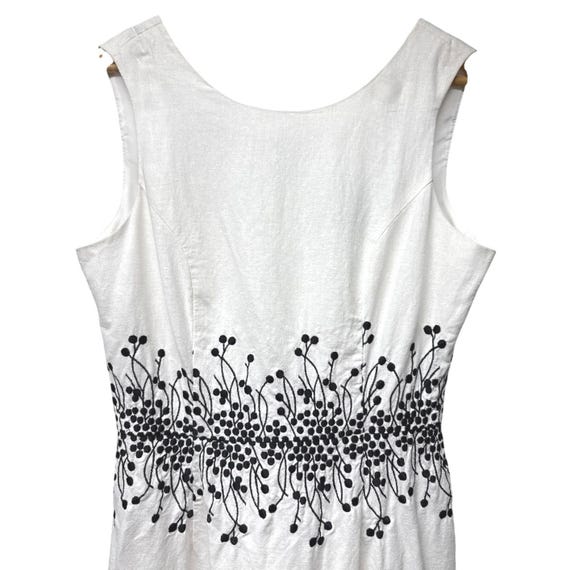 Y2K John Roberts White Linen Blend Sheath Dress 14 Sleeveless Black Embroidery View 2