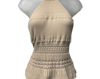 Top halter de punto de crochet Arden B beige vintage Y2K, talla grande, encaje bohemio para festivales