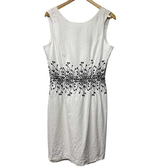 Y2K John Roberts White Linen Blend Sheath Dress 14 Sleeveless Black Embroidery